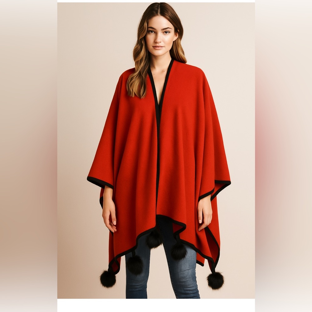Designer Nadya Toto luxury cashmere and virgin wool red and black cape vintage